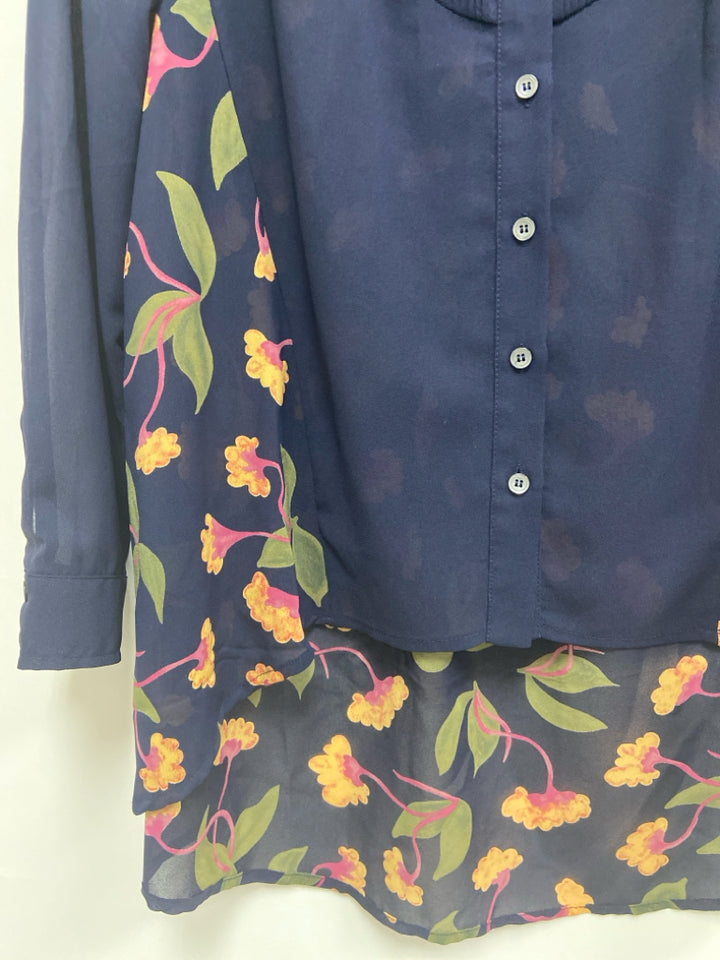Maeve Size 4 Navy Gold/Pink Button Up Sheer Ladies Top