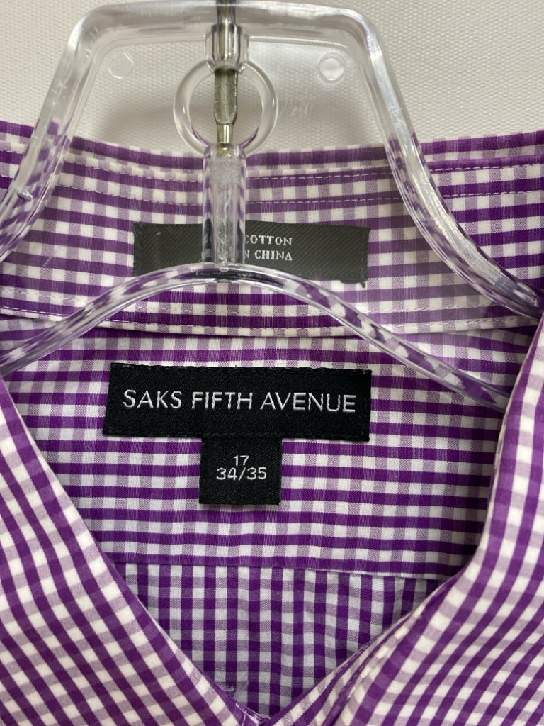 Saks Fifth Ave. Size 17 Purple White Checkered Button Up Men&