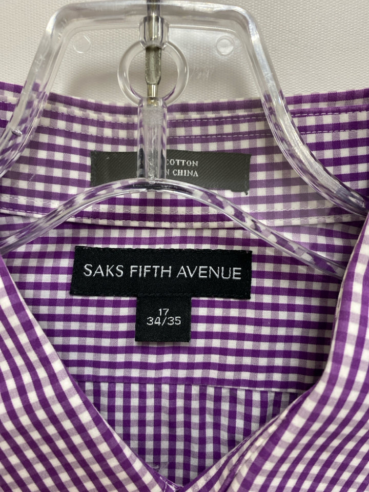 Saks Fifth Ave. Size 17 Purple White Checkered Button Up Men&
