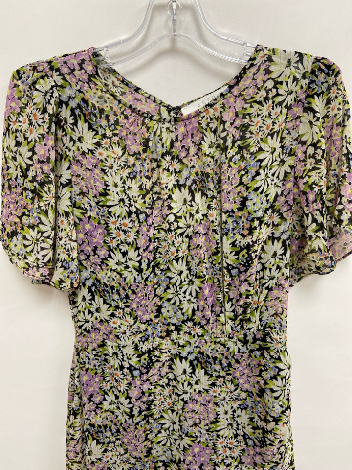 ASTR Size M Black/White Purple/Green Floral Maxi Sheer Ladies Dress