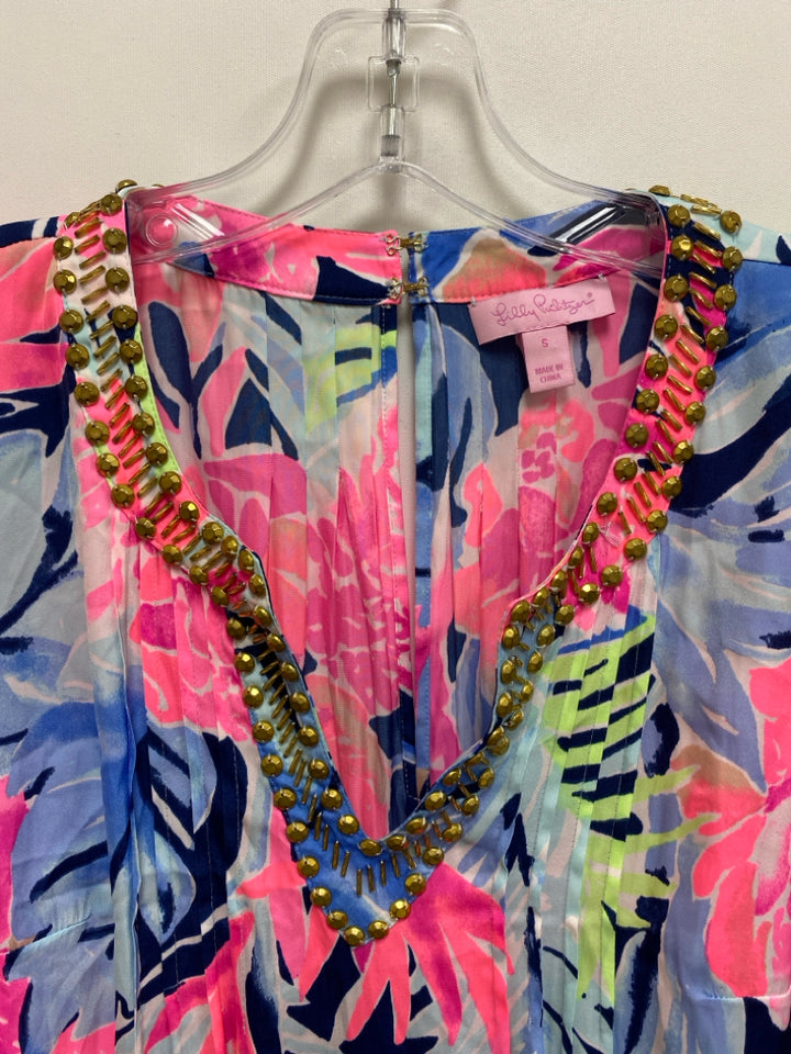LILLY PULITZER Size S Navy/Pink Blue/Green Bell Sleeves Silk Ladies Romper