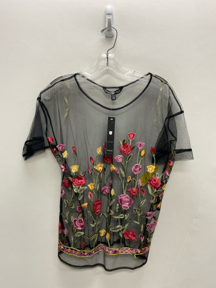 NWT Size S Black Multi Color Embroidered Sheer Ladies Top