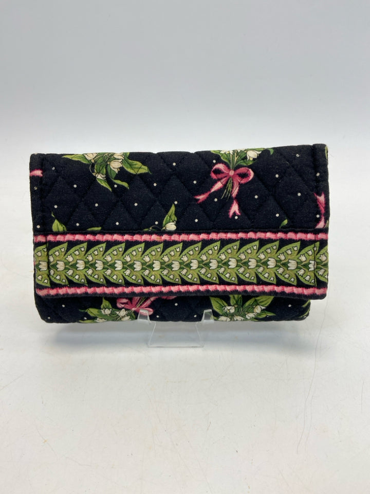Vera Bradley Black Green/Pink Flower(s) Fabric Wallet