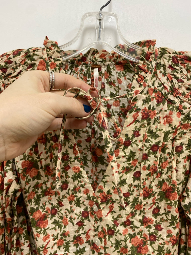 Free People Size XS Cream Orange/Green Floral Ladies Top
