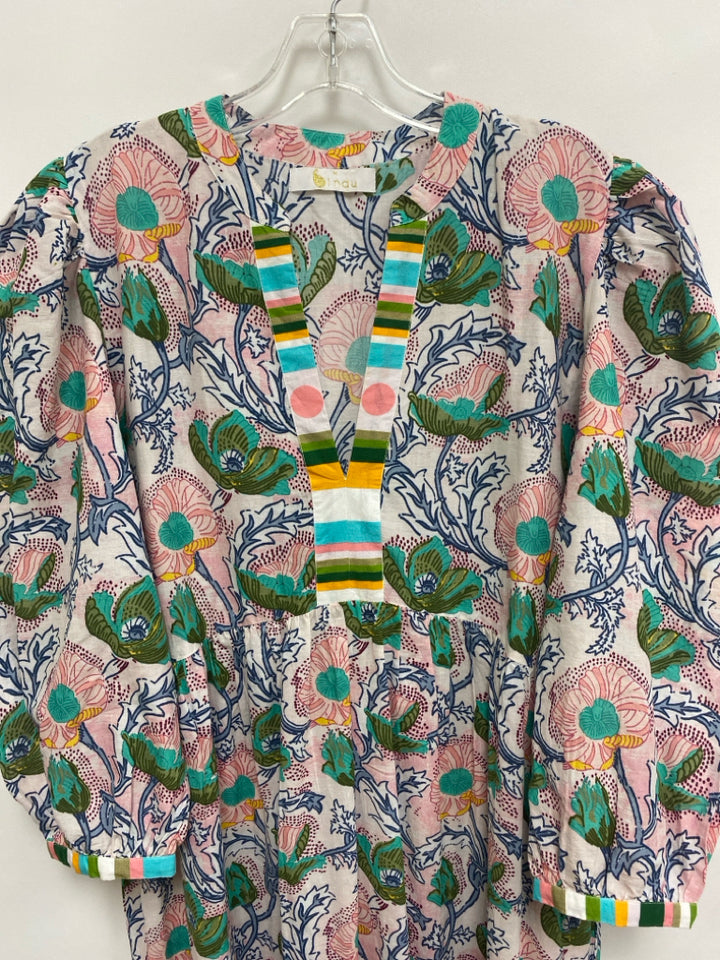 BINDU Size L Pink Green/Blue Flowers Ladies Dress