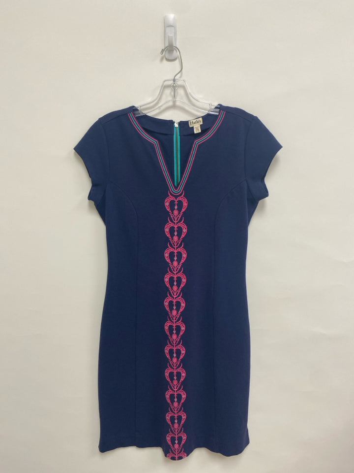 Hatley Size M Navy Aqua/Pink Embroidered V Neck Ladies Dress