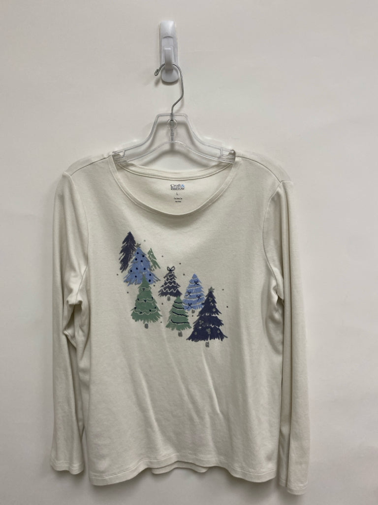 Croft/Barrow Size L Cream Sage/Gray Trees Long Sleeve Ladies Top