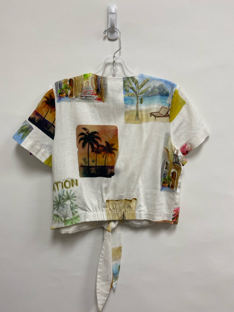 C&amp;C Size S White Brown/Green Palm Trees Linen Ladies Jacket