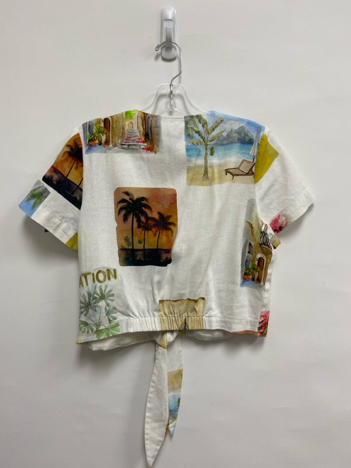 C&amp;C Size S White Brown/Green Palm Trees Linen Ladies Jacket