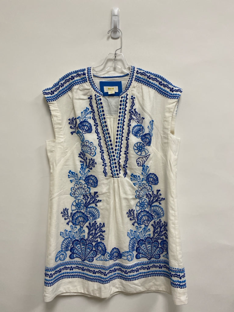 Maeve Size XXS White Navy/Blue Embroidered Linen Ladies Dress