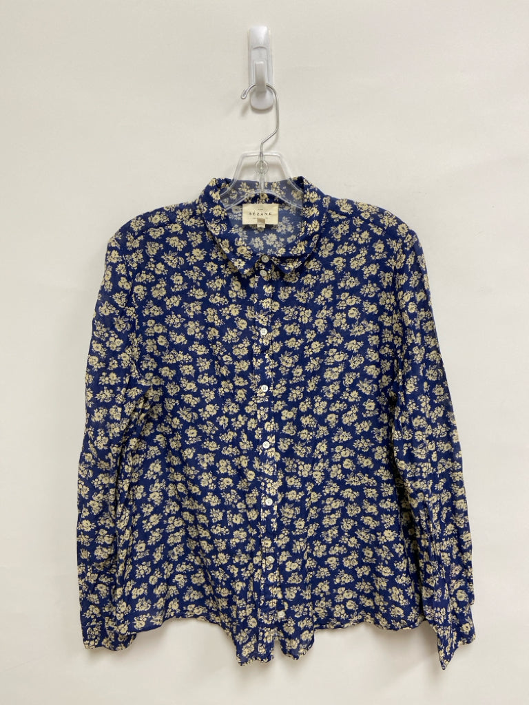 SEZANE Size 8 Navy/Beige Flowers Long Sleeve Ladies Top