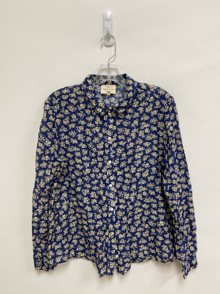 SEZANE Size 8 Navy/Beige Flowers Long Sleeve Ladies Top