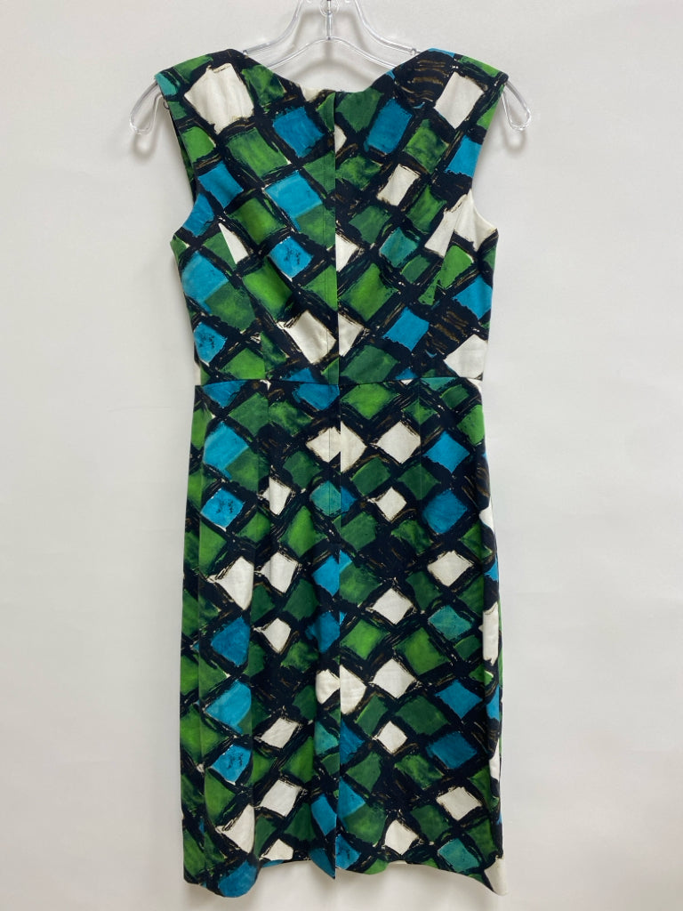MILLY Size 2 Blue/Green Black/White Diamond Print Sleeveless Cotton Ladies Dress