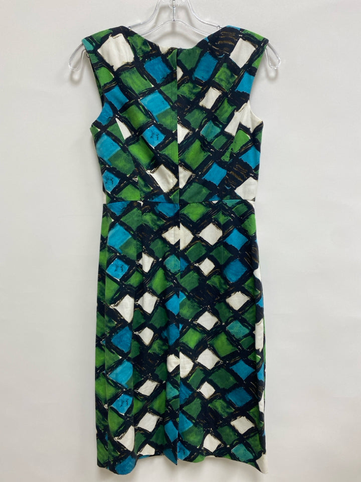 MILLY Size 2 Blue/Green Black/White Diamond Print Sleeveless Cotton Ladies Dress
