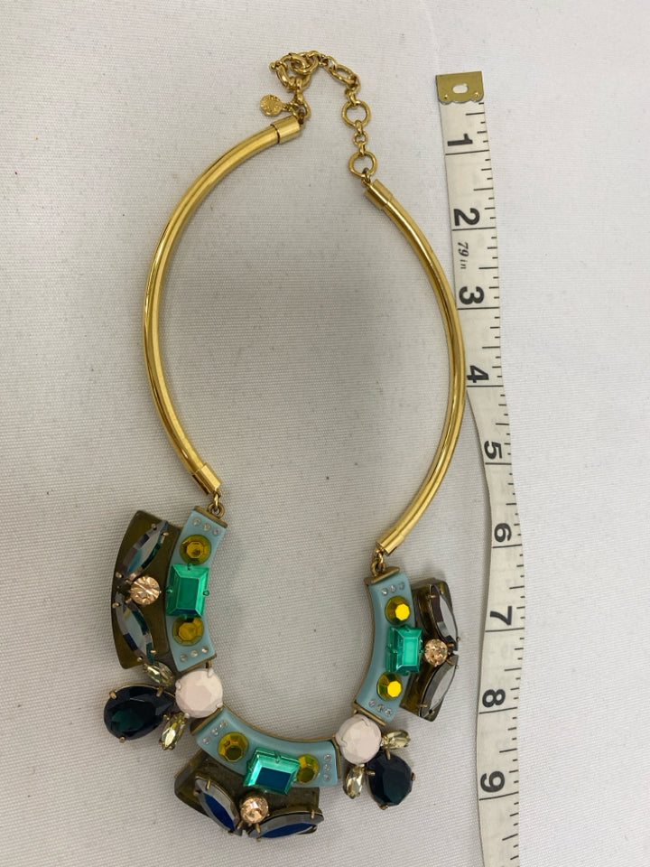 J Crew Gold Color Blue/Multi Shapes Necklace
