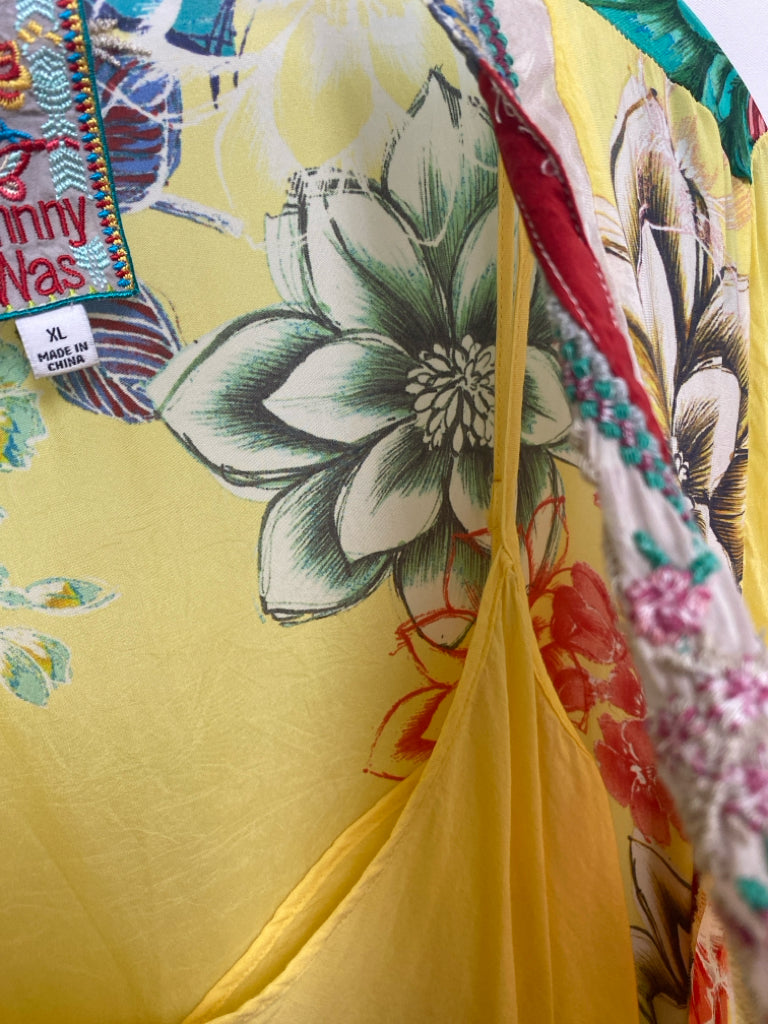 JOHNNY WAS Size XL Yellow/Cream Turquoise/Multi Patchwork Ladies Dress