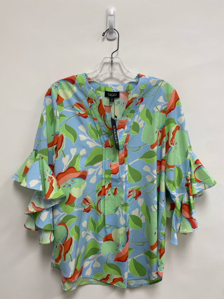NWT GiGiO Size S Blue/White Coral/Green Floral Bell Sleeves Ladies Top