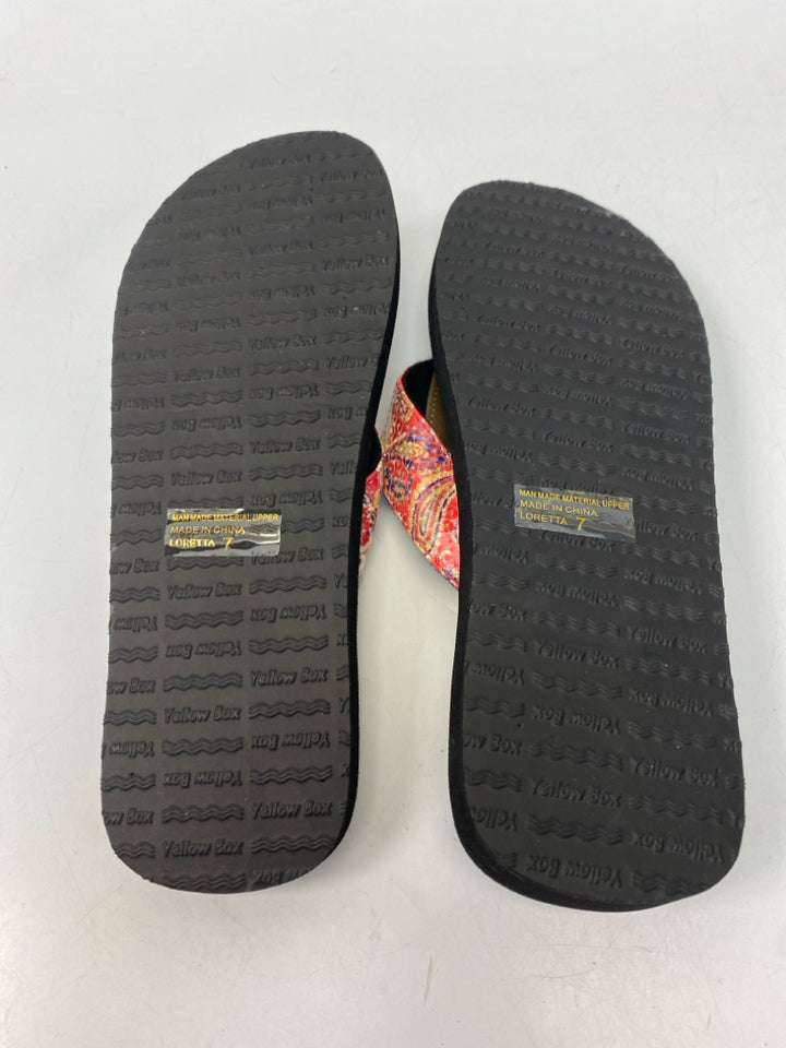 NWOT Yellow Box  Size 7 Red Multi-Color Paisley Sandals