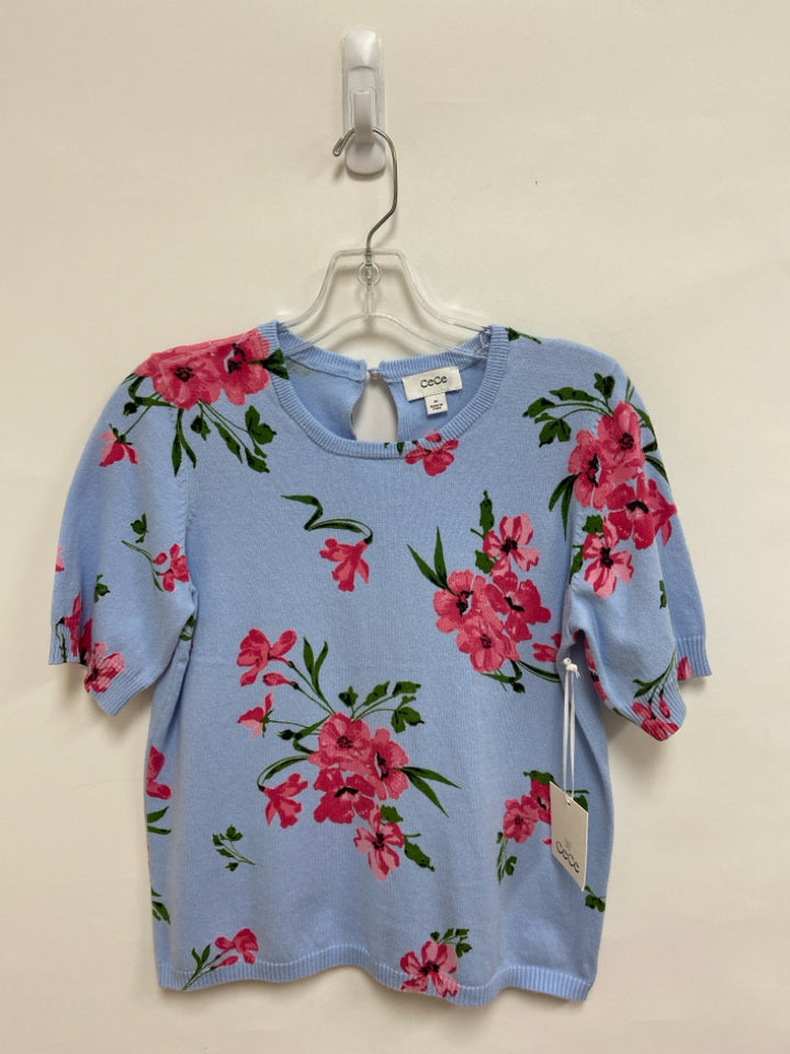 NWT CeCe Size XS Powder Blue Pink/Green Flowers Short Sleeve Ladies Sweater