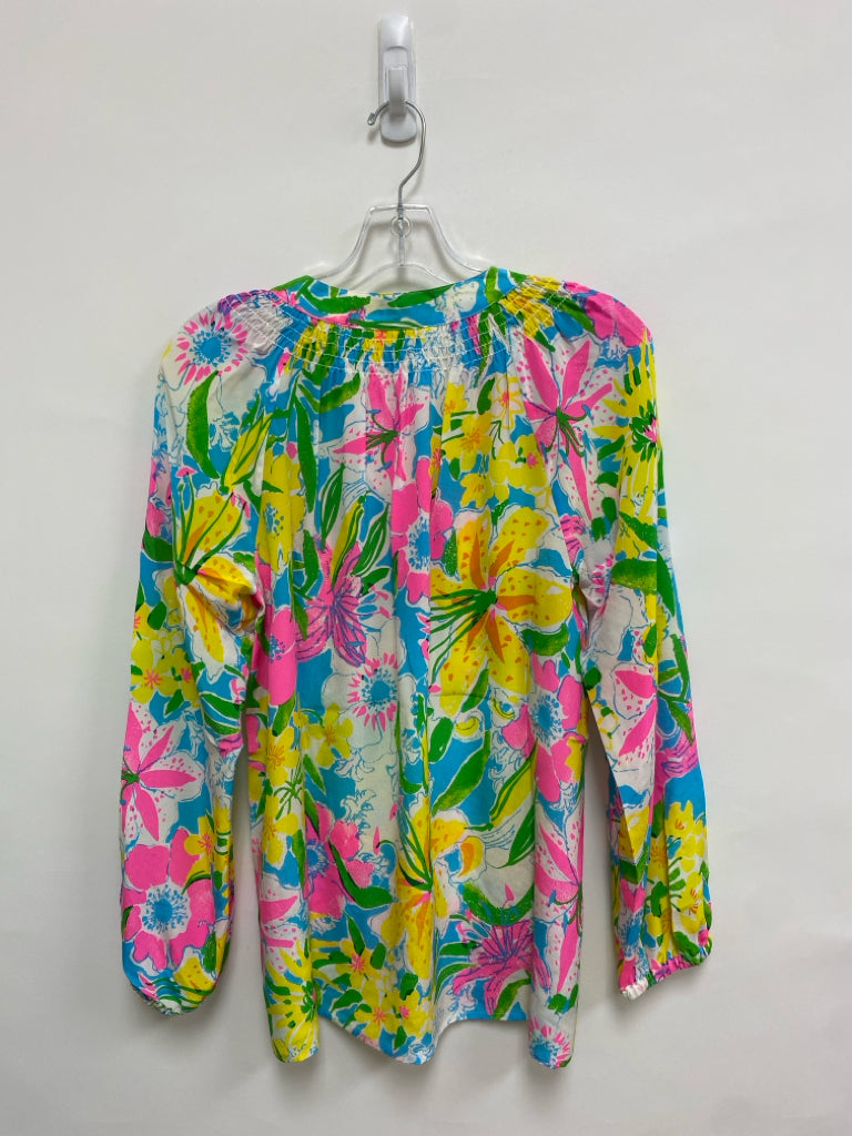 LILLY PULITZER Size S Yellow Blue/Multi Flowers Silk Ladies Top