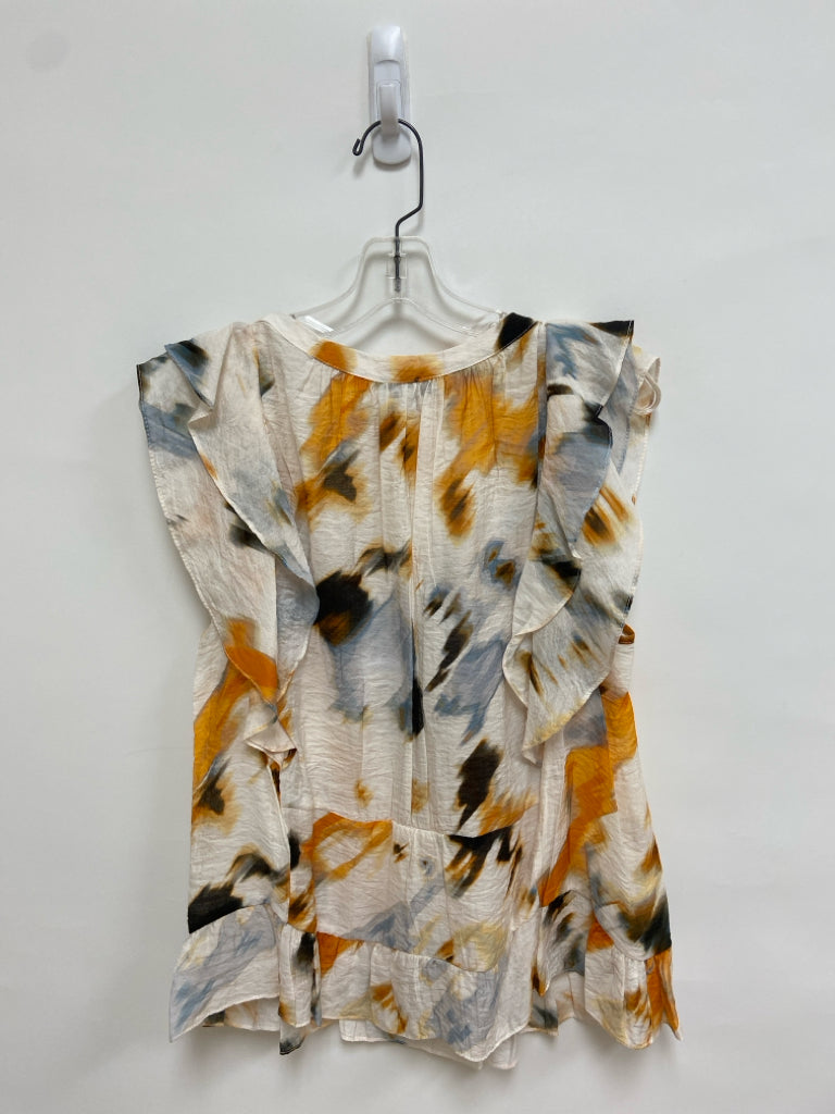 DKNY Size L White Orange/Black Ruffles Ladies Top