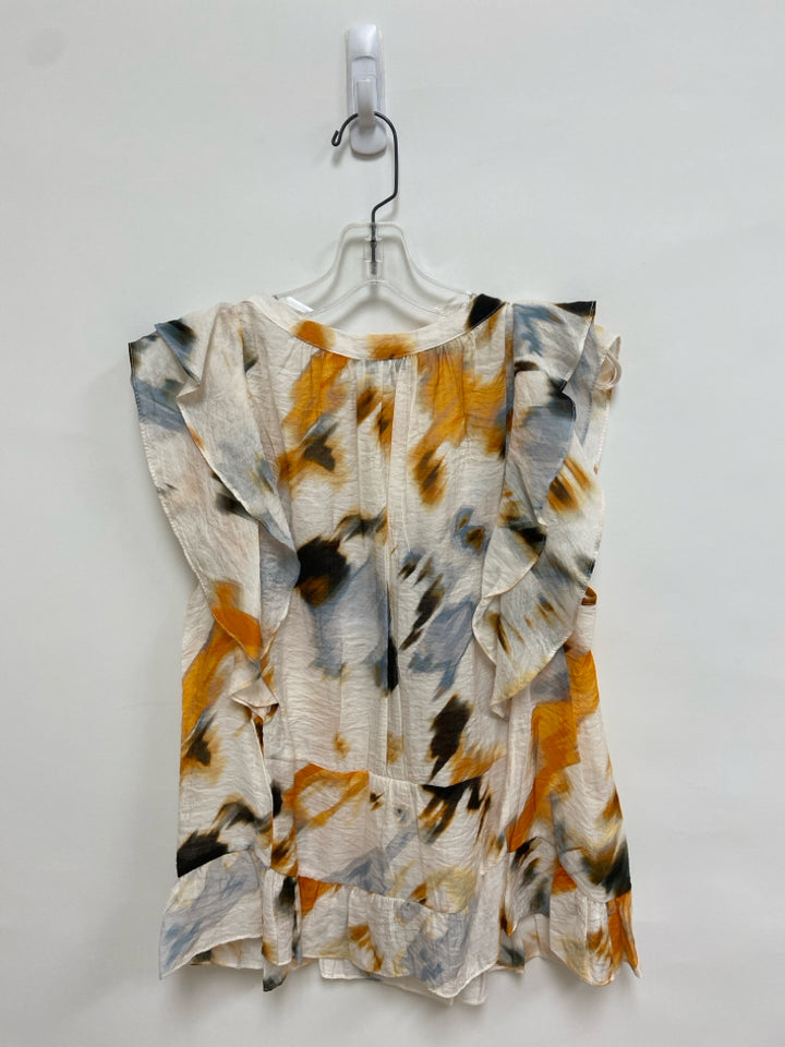 DKNY Size L White Orange/Black Ruffles Ladies Top