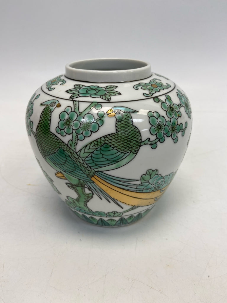 White Green/Gold Birds/Flowers Ceramic Vase