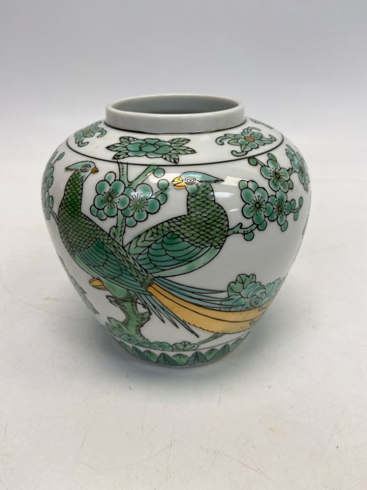 White Green/Gold Birds/Flowers Ceramic Vase