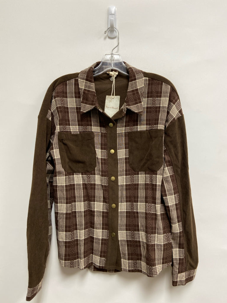 NWT Hem &amp; Thread Size L Brown Cream Plaid Corduroy Ladies Top