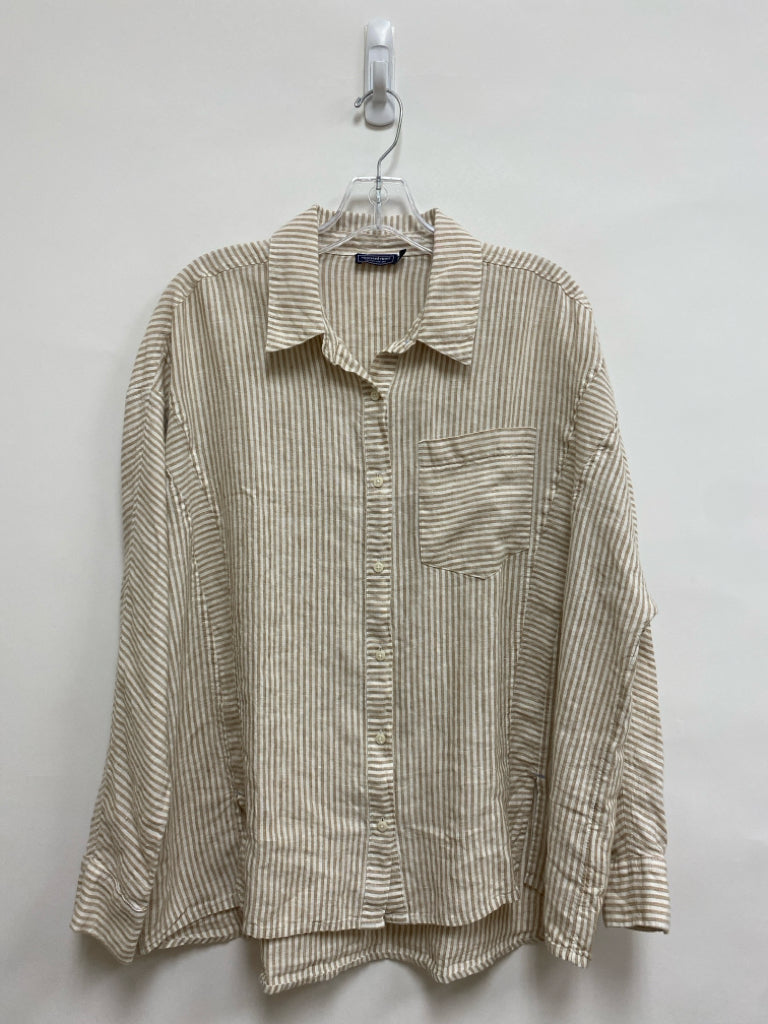 Vineyard Vines Size 12 Beige/White Stripes Button Up Linen Ladies Top