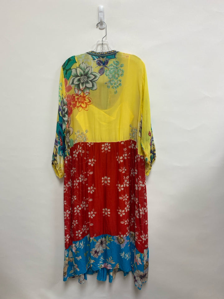 JOHNNY WAS Size XL Yellow/Cream Turquoise/Multi Patchwork Ladies Dress