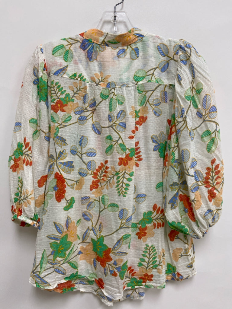 Maeve Size 6 Cream/Blue Aqua/Orange Floral Puff Sleeve Ladies Top