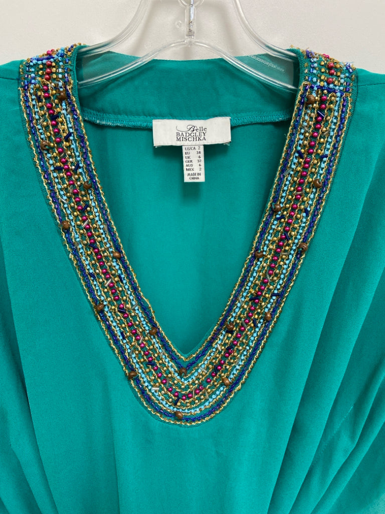 BADGLEY MISCHKA Size 2 Teal Green Multi Color Trimmed Beaded Ladies Dress
