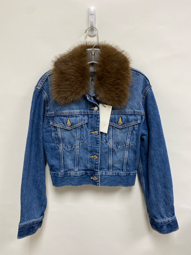 NWT Zara Size S Blue Brown Faux Fur Collar Ladies Jacket