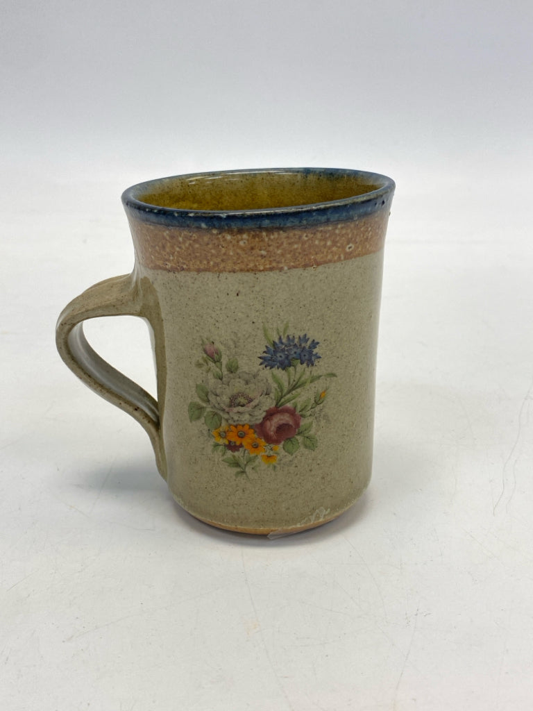 Navy/Tan Pink/Orange Flowers Pottery Coffee Mug