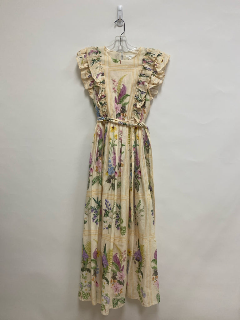 a loves a Size S Cream/Green Purple/Multi Ruffles Maxi Linen Blend Ladies Dress