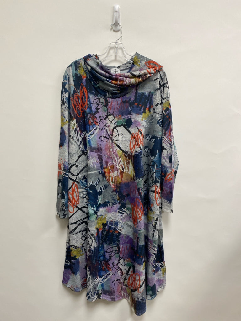 Inoah Size XL Gray/Black Orange/Multi Abstract Mock Neck Ladies Dress