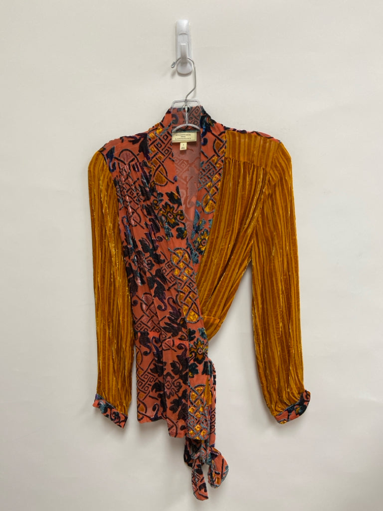 Anthropologie Size M Orange Coral/Multi Wrap Velour Ladies Top