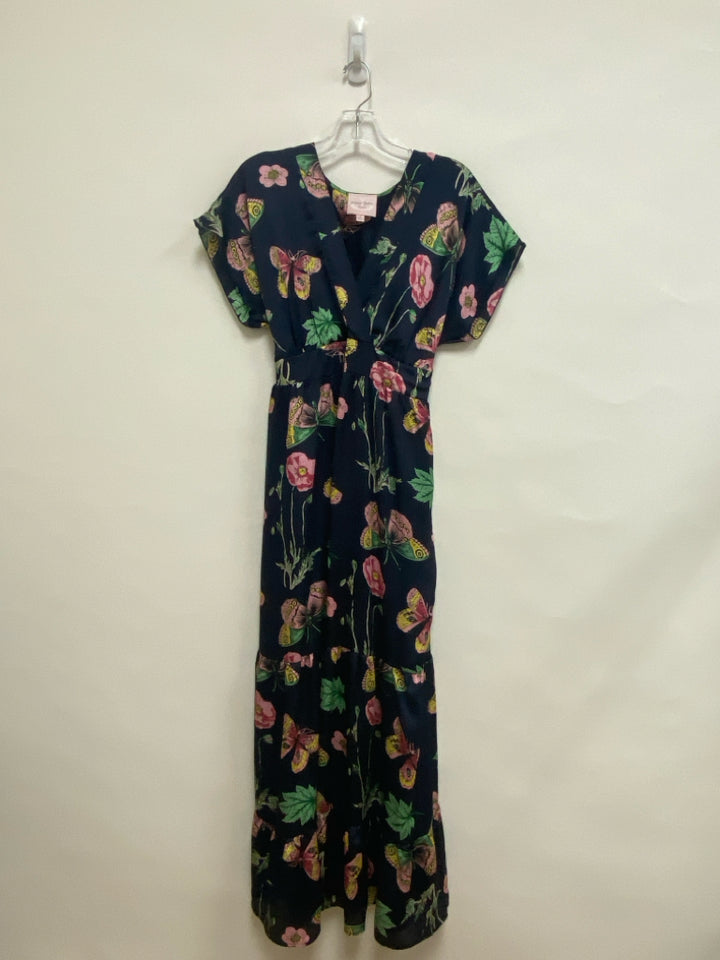 Romeo/Juliet Size S Navy/Pink Green/Yellow Butterflies/Flowers Maxi Ladies Dress