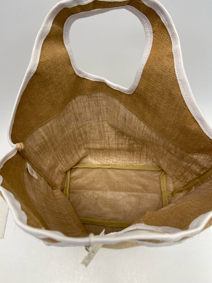 NWT Mudpie Brown White Sand Dollar(s) Jute Tote Bag