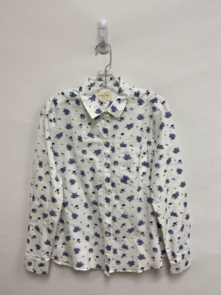 SEZANE Size 8 White Blue Flowers Long Sleeve Ladies Top