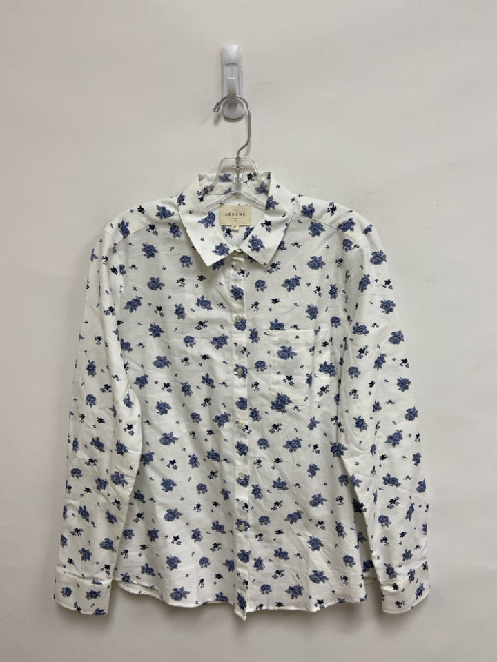SEZANE Size 8 White Blue Flowers Long Sleeve Ladies Top