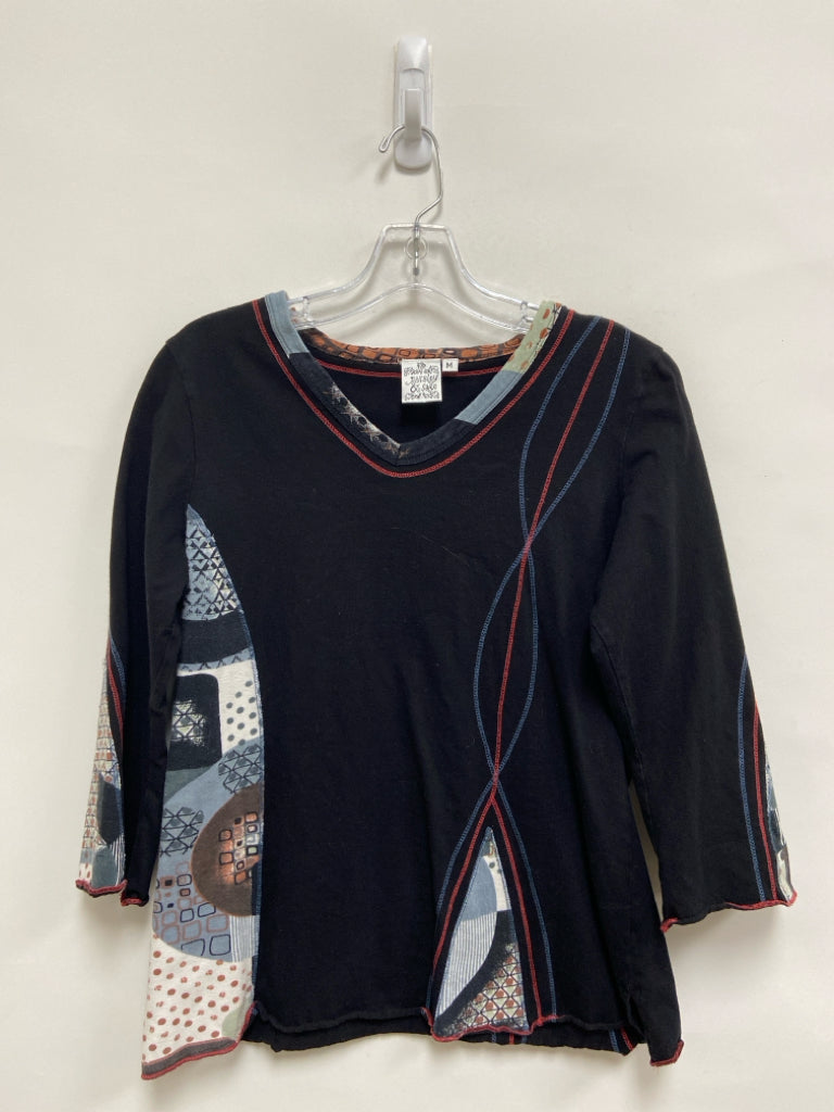 parsley&amp;sage Size M Black Blue/Red Patchwork Long Sleeve Embroidered Ladies Top