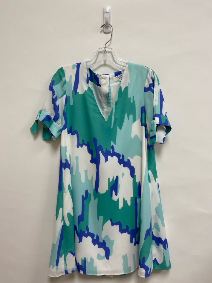 Crosby Size M Aqua/White Periwinkle Abstract V Neck Ladies Dress