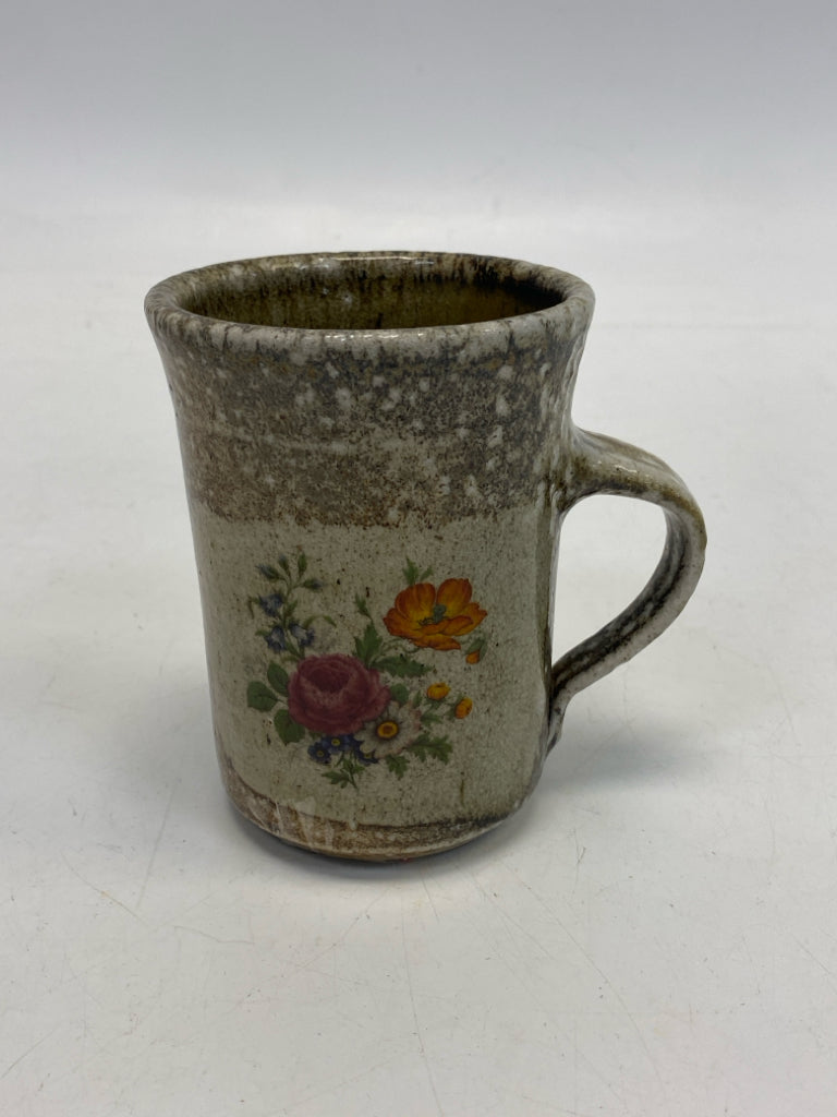 Tan Pink/Orange Flowers Pottery Coffee Mug