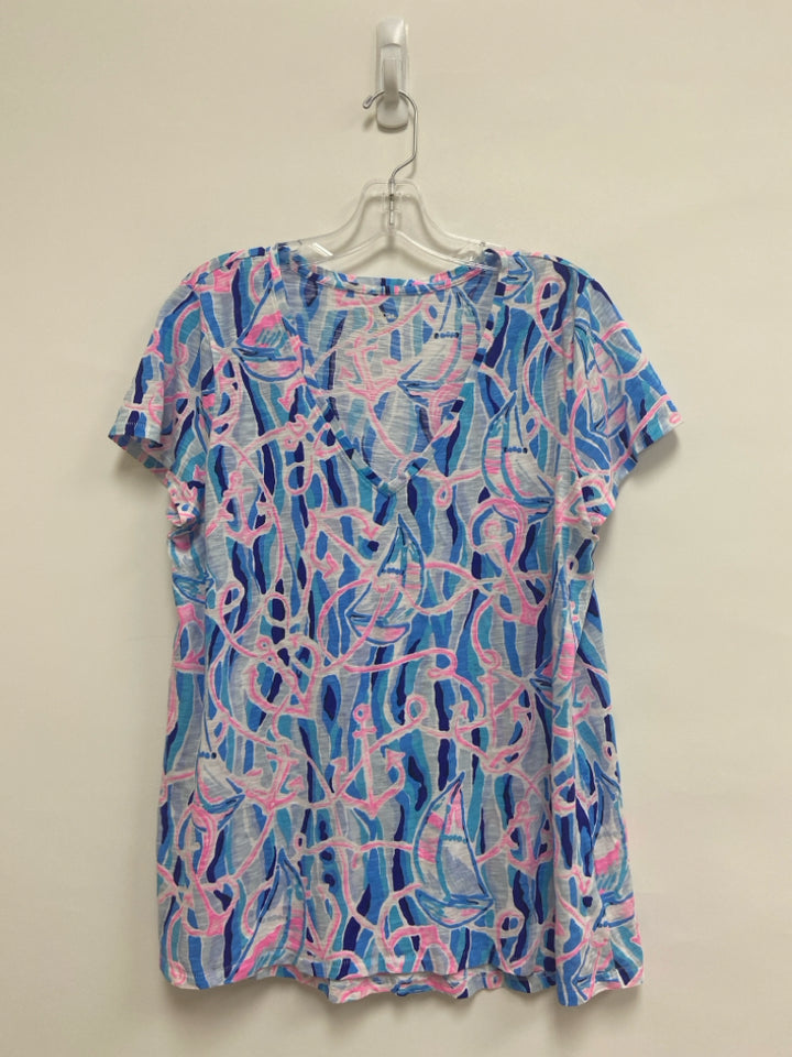 LILLY PULITZER Size XL Blue/White Pink Nautical V Neck Ladies Top