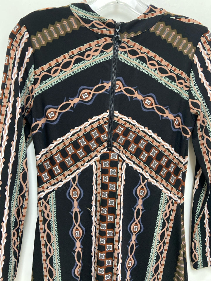 Free People Size XS Black Rust/Multi Assorted Print Long Sleeve Ladies Dress