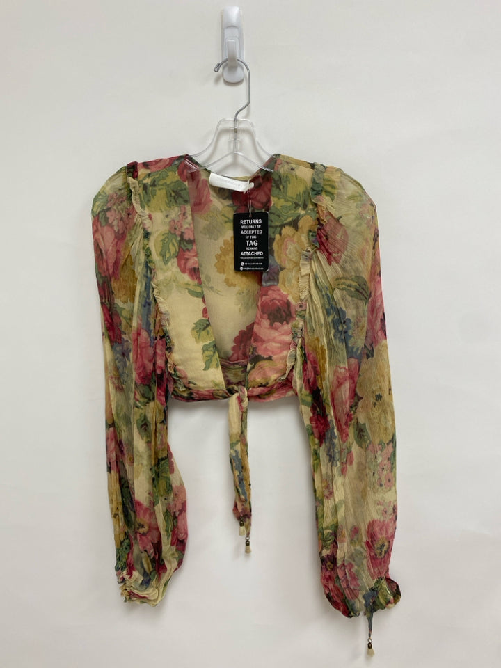 ZIMMERMANN Size 2 Beige Green/Multi Floral Cropped Silk Ladies Top