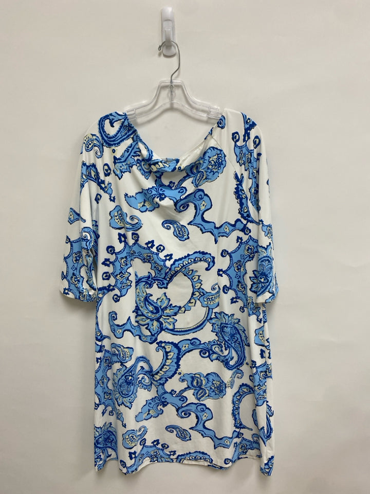 J McLaughlin Size XL White Blue Paisley 3/4 Sleeve Ladies Dress