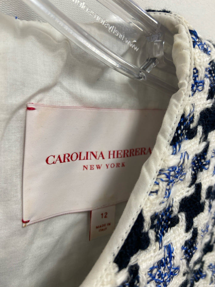 CAROLINA HERRERA Size 12 White/Navy Blue Houndstooth Ladies Dress